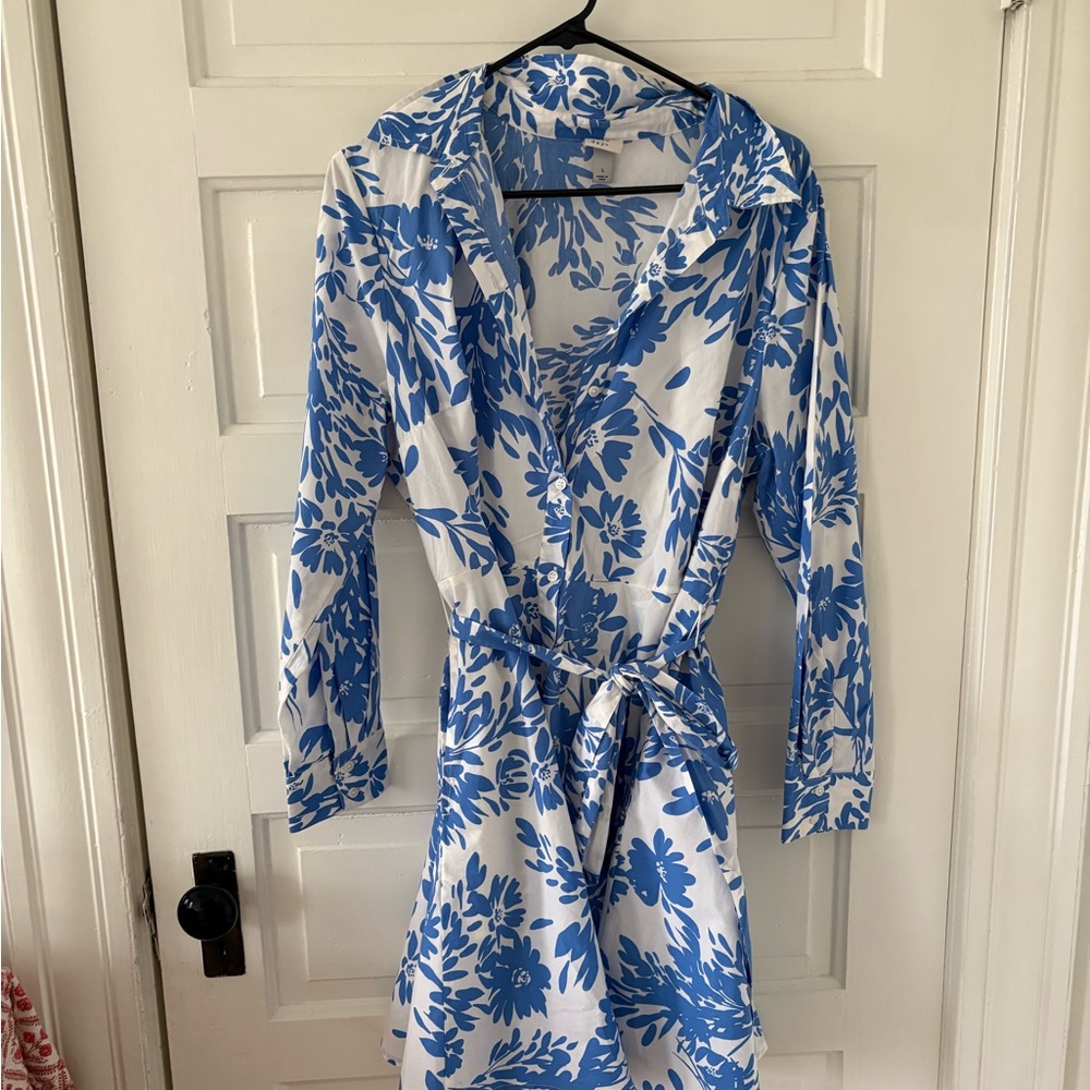 a new day Blue and White Long Sleeve Floral Wrap Dress